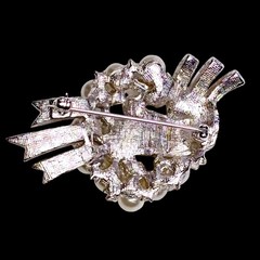 1950s Unsigned Weiss Rhinestone Faux Pearl Ribbon Spray Brooch Pin Silver Tone