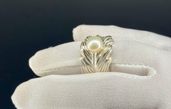 Vintage Large Sterling Silver 925 Leaf 9mm Cultured Pearl Statement Ring SZ 7.5