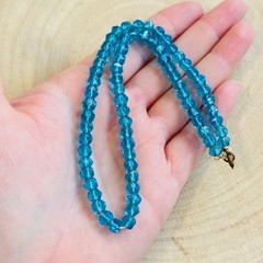 Vtg teal blue Glass Necklace Hand Cut Carved Beads Art Deco Czech Flapper 14″