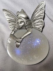 VTG JJ JONETTE Pewter Pin Brooch Winged Fairy Purple Sparkles Crystal Ball 1.75″