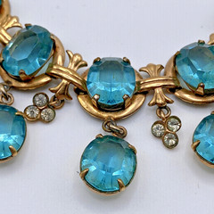 Stunning Vintage Aqua Blue Crystal Bib Necklace Gold Tone Art Deco