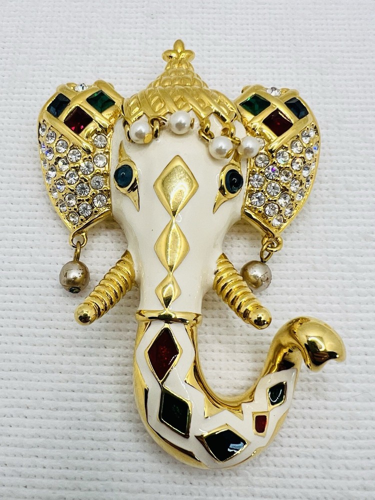 Vintage Signed Kenneth Jay Lane KJL Royal Maharajah Jeweled Elephant Brooch Pin