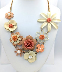 Vintage Enamel Flower Statement Necklace Pink Cream Floral Bib Mod Pop Art