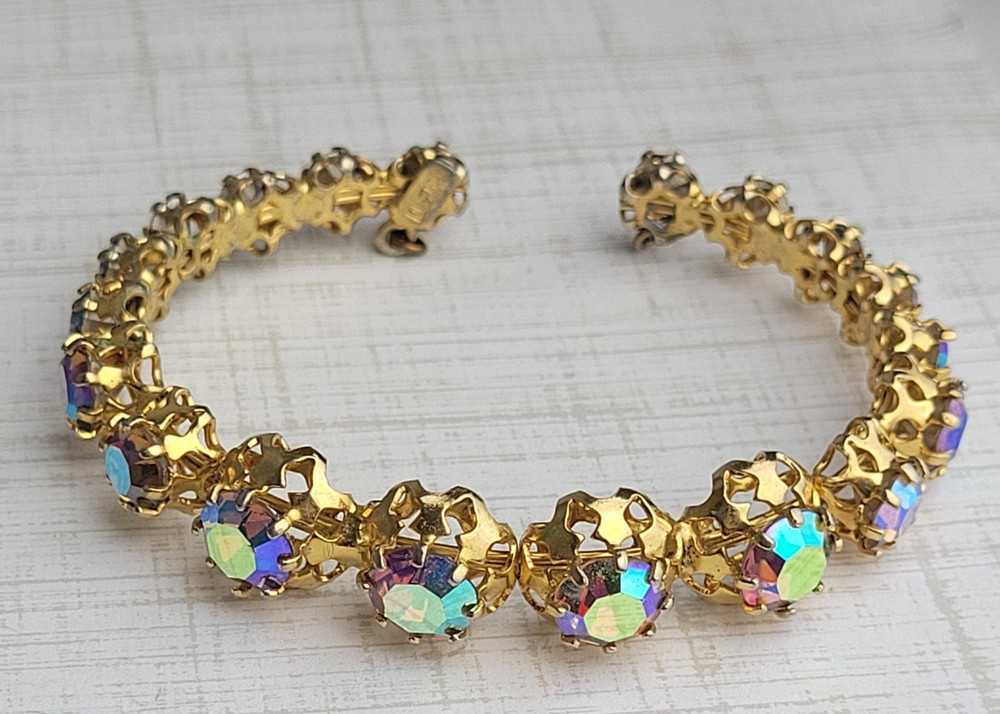 Vintage AB Rhinestone Gold Tone Cuff Bracelet Made in Austria 6.5″ READ