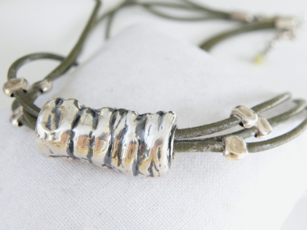 Silpada Sterling Silver 925 Green Leather Station Necklace
