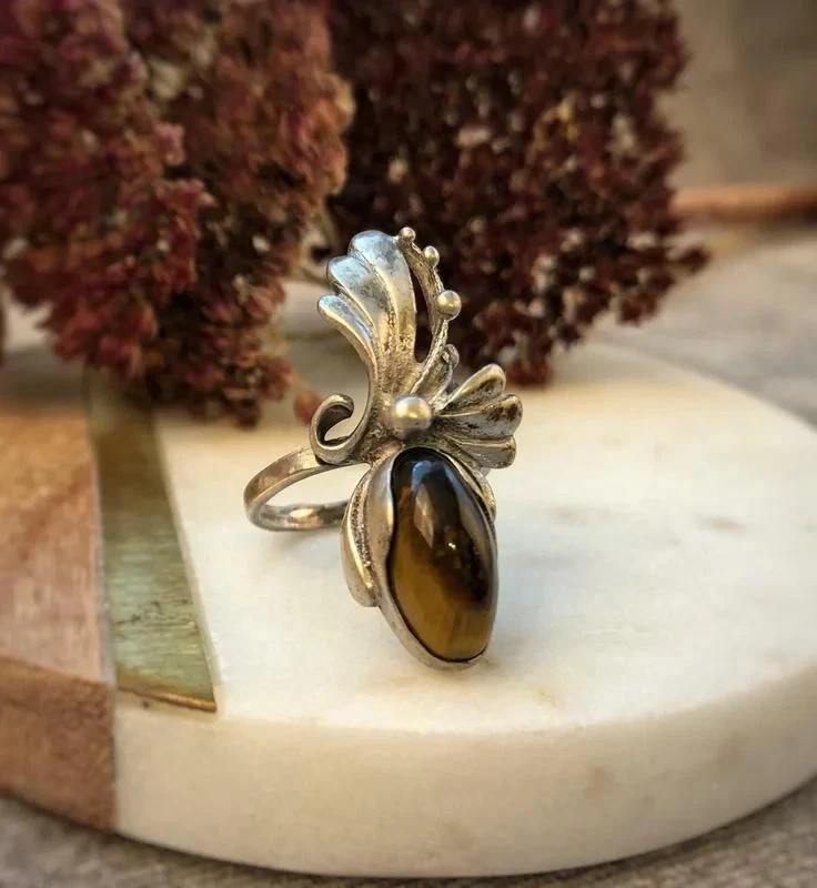 Soviet Vintage Estate Silver 875 Ring Jasper Stone Women Jewelry USSR Size 6.5