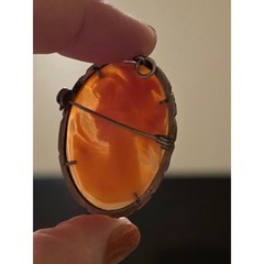 Vintage 800 Silver Carnelian Shell Cameo Brooch Pendant Marcasite Scalloped
