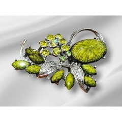 Vintage Style Lime Green Floral Brooch Silver Tone Rhinestone Botanical Pin
