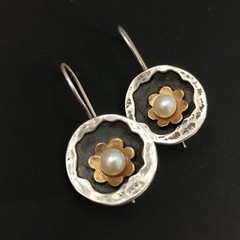 Modernist Pearl Earrings Handmade Silver Gold Israeli Artist Studio VTG Jewelry