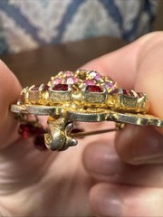 Vintage Gold Tone Red And Pink Dangling Lace Border Brooch