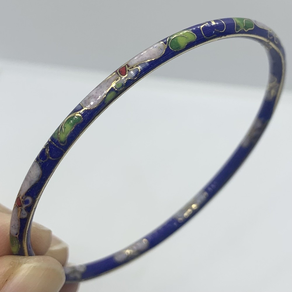 VTG CHINESE EXPORT CLOISONNE COBALT BLUE ENAMEL BANGLE BRACELET PINK FLOWERS