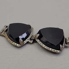 Vintage Bracelet Black Onyx Stone Linked Faceted Chunky Panel Silver Tone 7″