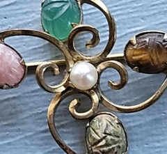 D’Abros 12K Gold Filled Brooch Pearl & Carved Scarab Stones Egyptian Revival