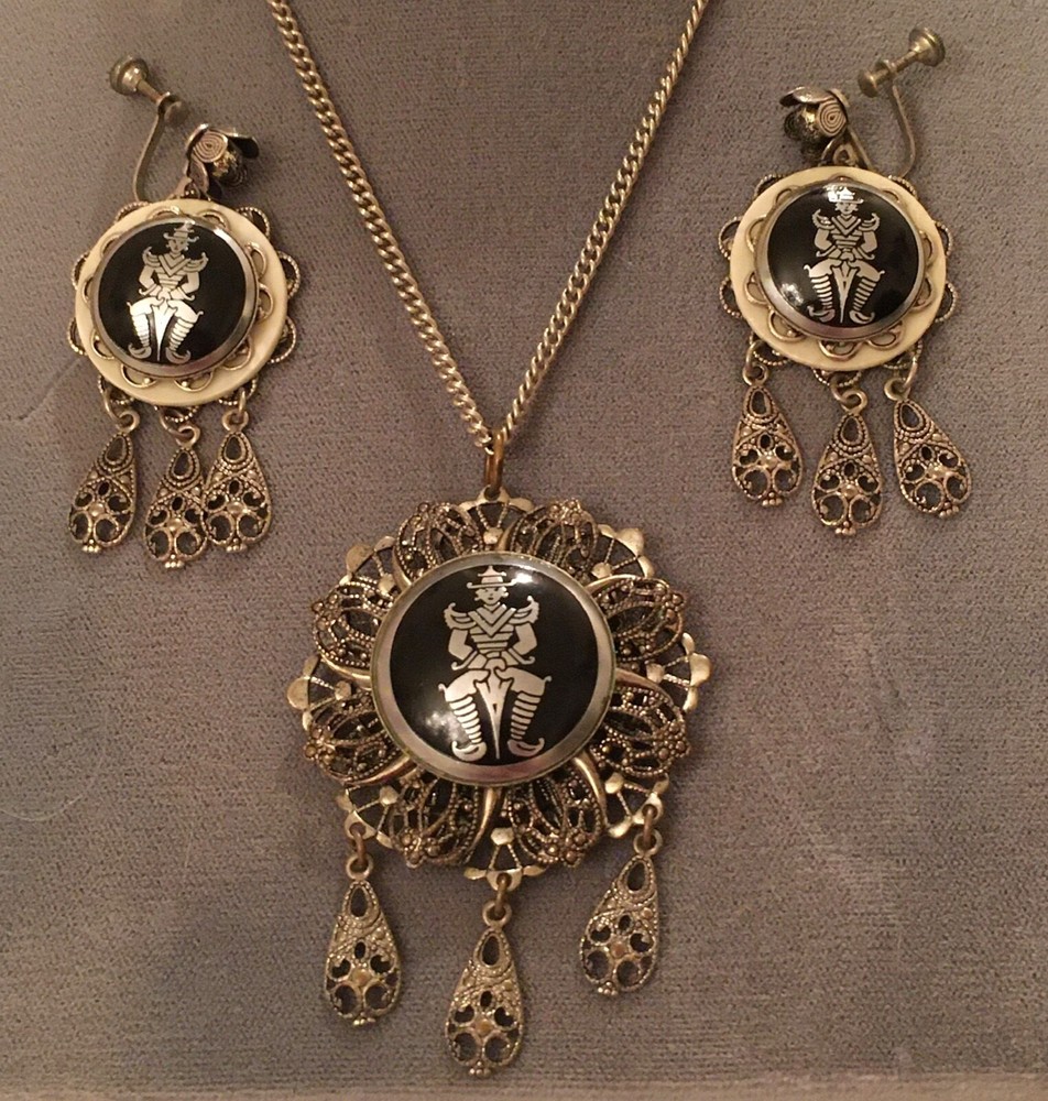 VTG Antique Damascene Parure: Screw Back Earrings & Pendant Filigree Metal Alloy