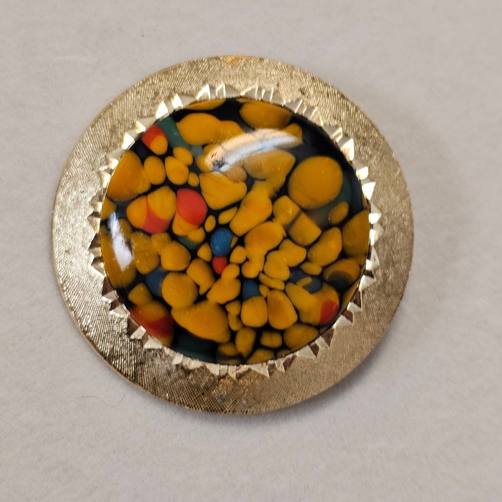 Vintage Round Art Glass Brooch Gold Tone Yellow Multi Color Mosaic MCM Retro Pin