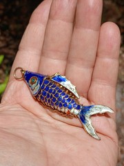 Vintage Enamel Articulated Fish Large Pendant Charm Blue & Silver Gold Tone 3″