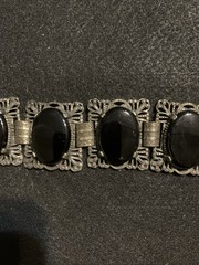 Vintage Judy Lee Victorian Chunky Black Cabochon Filagree Silver Tone Bracelet