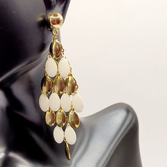 White & Gold Tone Metal Chandelier Cascade Dangle Vintage Earrings Ballroom