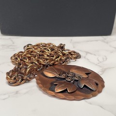 VTG REBAJES Artisan Stunning Signed Copper Oak Leaves Round Pendant & Chain 22″