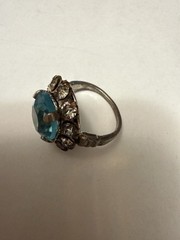 VTG Art Deco Prong Set Ring / Blue Center Stone / White Stones / Size 4