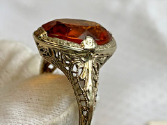 Vtg 14K White Gold Ring 3.51g Fine Jewelry Sz 7.5 Amber Color Oval Stone Prong