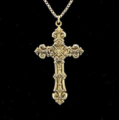 Large Rococo Cross Pendant Necklace Silver Tone Sterling Chain 18 Inch