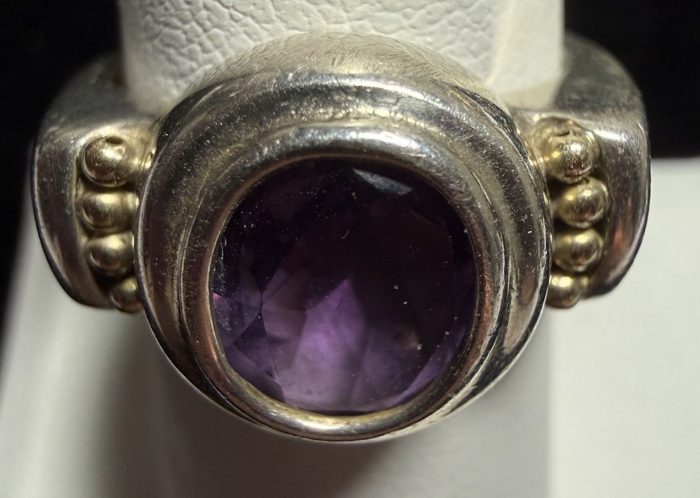 Vintage Sterling Silver And 8k? Gold? Faceted Amethyst Ring Size 7.25