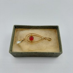 Edwardian Style 10k Gold Lavalier Pendant with Red Stone and Seed Pearl In Box