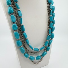 Vintage Silver Tone Turquoise Color Necklace Multi Strand Chunky Layered Chain