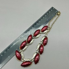 Vintage Burgundy Marquise Cabochon Gold Tone Necklace Clip On Earrings Set