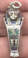 ANTIQUE EGYPTIAN REVIVAL SILVER,ENAMEL SARCOPHAGUS & MOMMY CHARM OPEN PENDANT