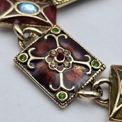 Vintage Worthington Enamel Crystal Link Bracelet Gold Tone Floral Gothic 6.75 In