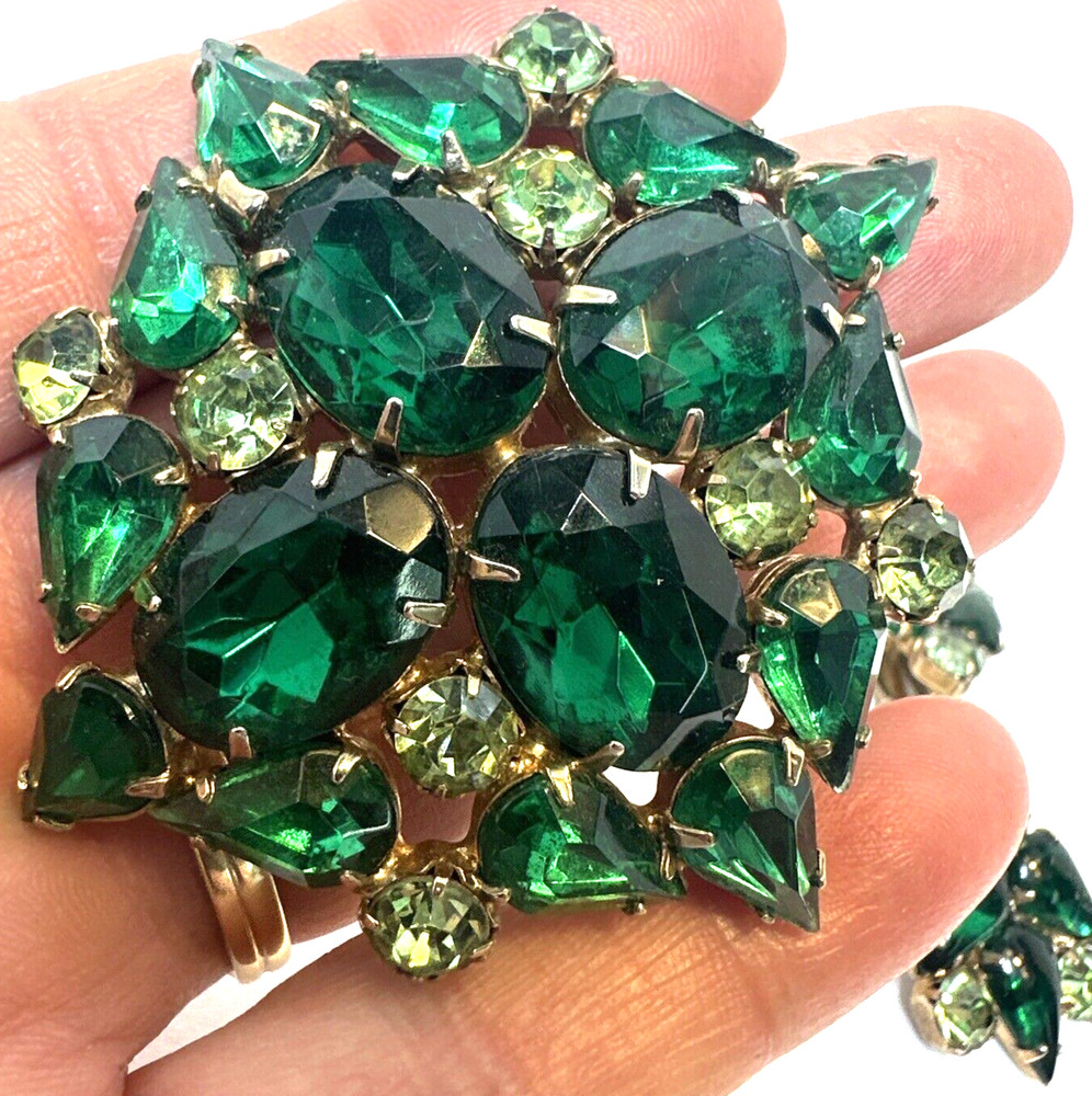 Designer Set Brooch Pin Earrings Green Rhinestone Unsigned Antique MCM