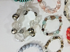 Plastic, Gemstone + crystal bead bracelets. Lot of 10 beaded mixed materials
