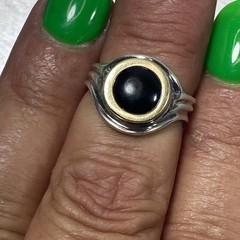 Vintage Two-Tone Sterling Silver & 14K Gold Black Onyx Bypass Ring Size 5 , 3.8g