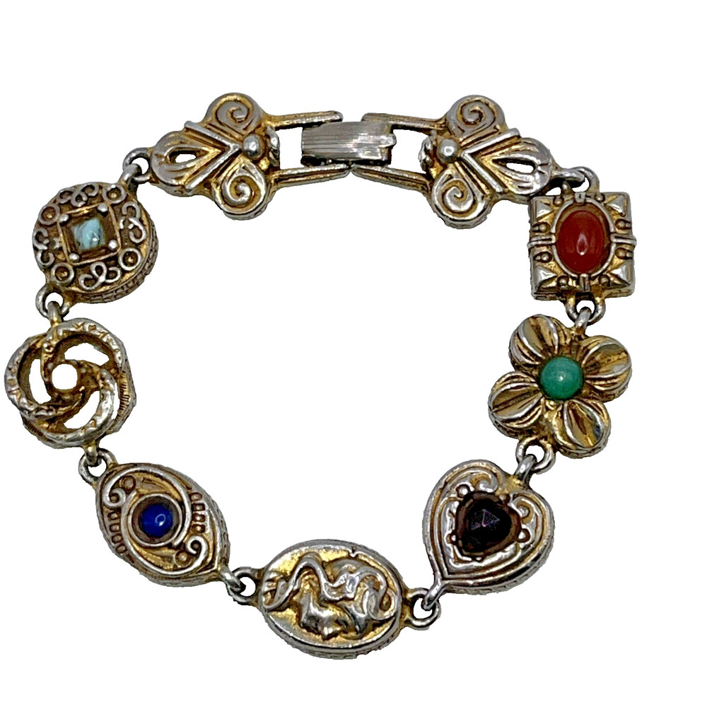 Vintage Goldette NY Victorian Revival Faux Stones 8 Charm Bracelet 7.25″