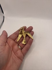 Vintage Signed Marvella Bird Textured Gold Tone Blue Rhinestone Eyes Pin Brooch