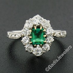Antique Edwardian French Platinum Emerald & 0.66ct Old Cut Diamond Halo Ring