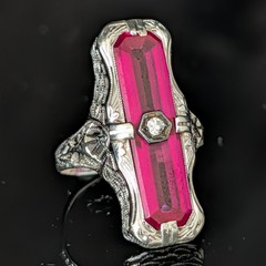1920s Art Deco Diamond Lab Created Ruby 14 White Gold Cocktail Ring Antique
