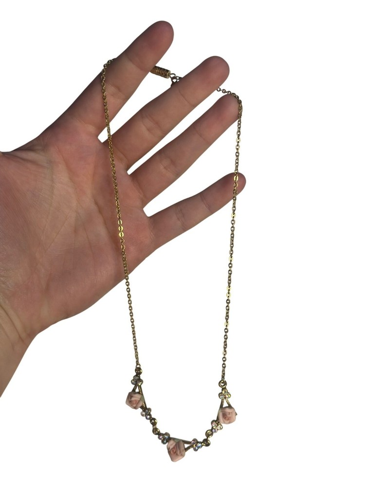VTG Gold Tone Necklace Pink Rose Beads & Rhinestones Romantic Floral Jewelry 8″
