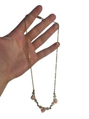 VTG Gold Tone Necklace Pink Rose Beads & Rhinestones Romantic Floral Jewelry 8″