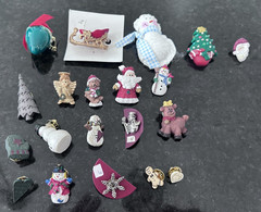 Vintage Christmas Pin Lot–18–20 Holiday Brooches–Snowmen, Santa, Trees, Angels