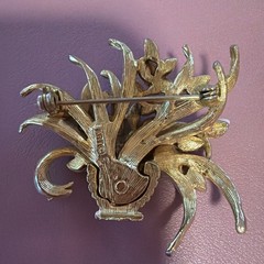 Vintage Flower Basket Brooch-cream Enamel & White Stones. Signed ART B1-0020