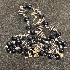 NECKLACE BRACELET EARRINGS set black acrylic metal caged screwbacks vintage