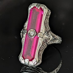1920s Art Deco Diamond Lab Created Ruby 14 White Gold Cocktail Ring Antique
