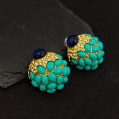 Vintage Trifari Turquoise Flower Brooch & Earrings Set Gold Tone VTG