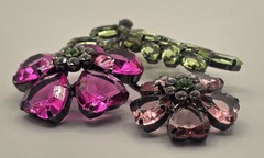 Double Flower Pink And Green Lucite Brooch, Black (Japaned) Colored Metal