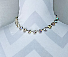Vintage Czech Aurora Borealis Rhinestone Choker Necklace Bezel Set 1950s 15” K