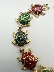 Vintage Gold Tone and Enamel Multi Color Turtle Bracelet 7.5”
