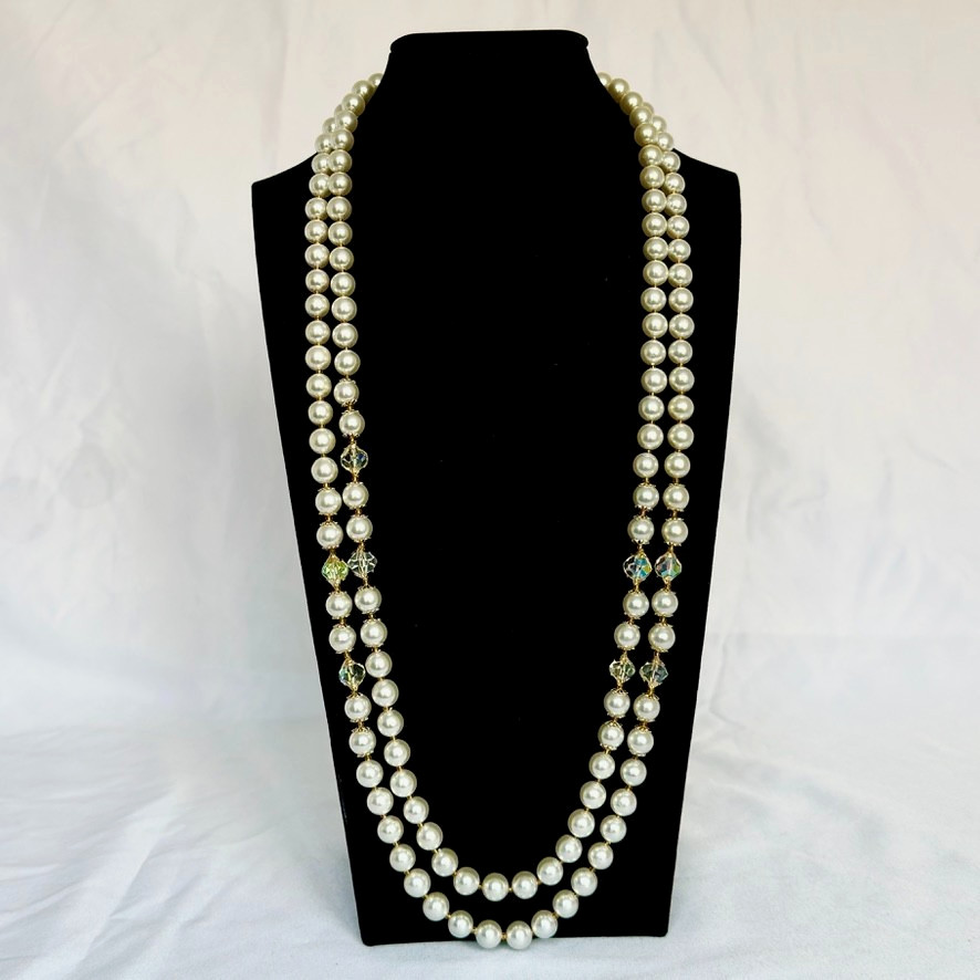 Vintage 56″ Long Faux Pearl AB Crystal Rope Necklace Gold Tone Aurora Borealis